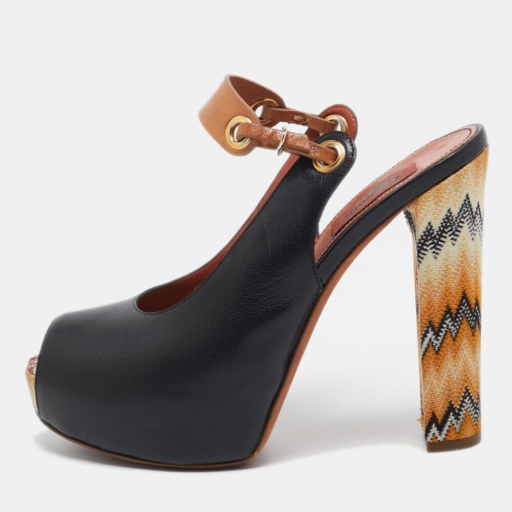 Missoni Black/beige Leather Peep Toe Platform Slingback Pumps Size 39